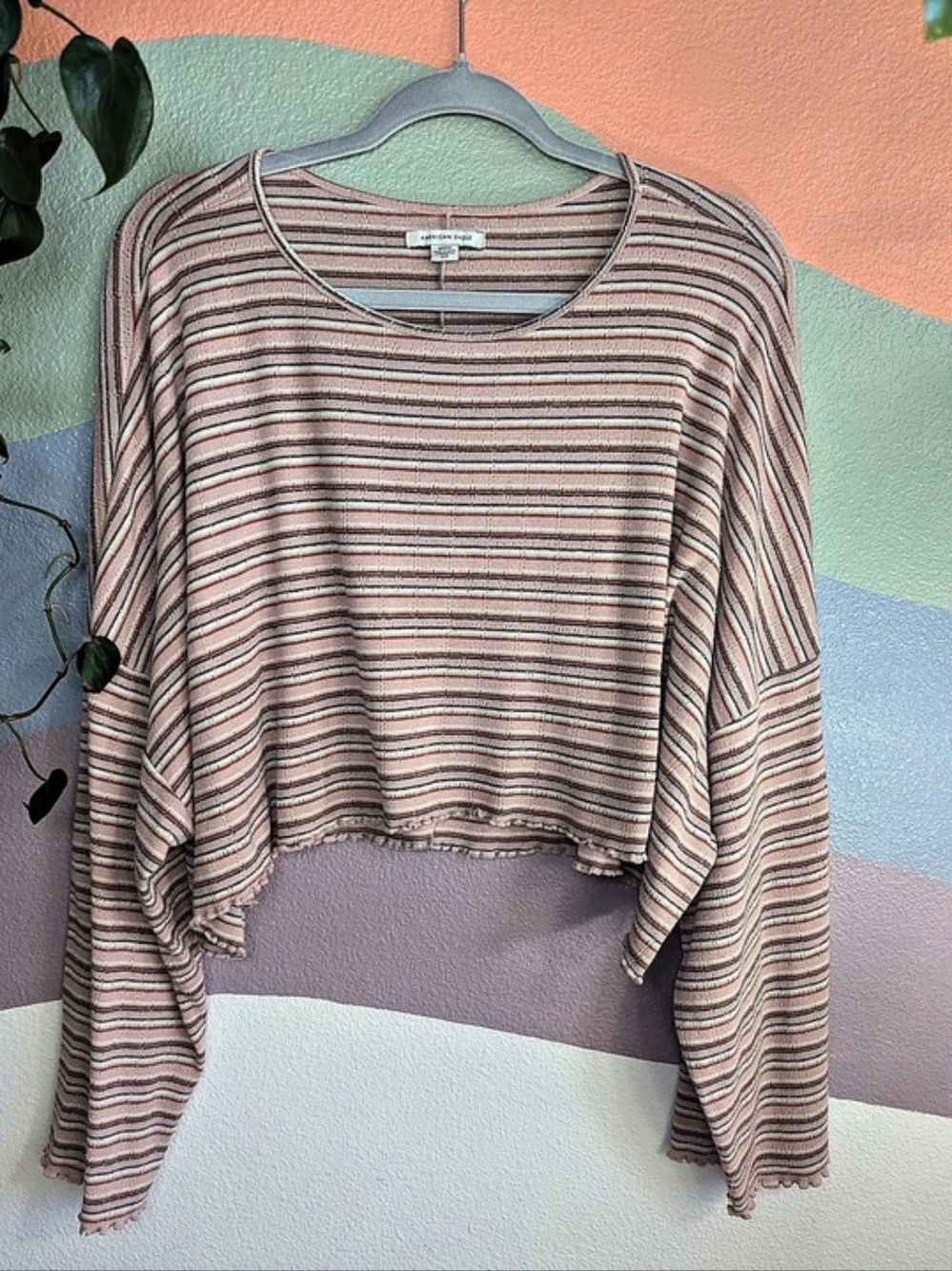 American Eagle Striped Long Sleeve Top in Pink & Gray Size Medium Like New